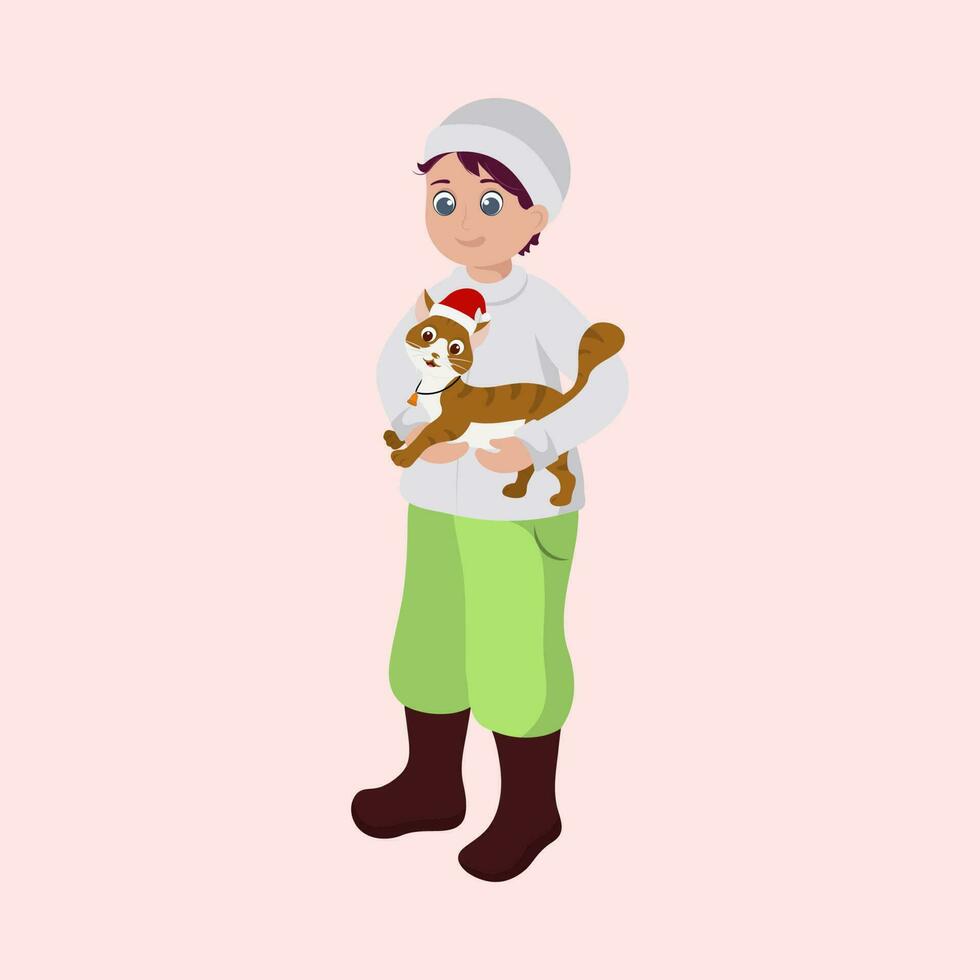 Character Of Young Boy Holding Cat In Woolen Clothes On Pink Background. vector