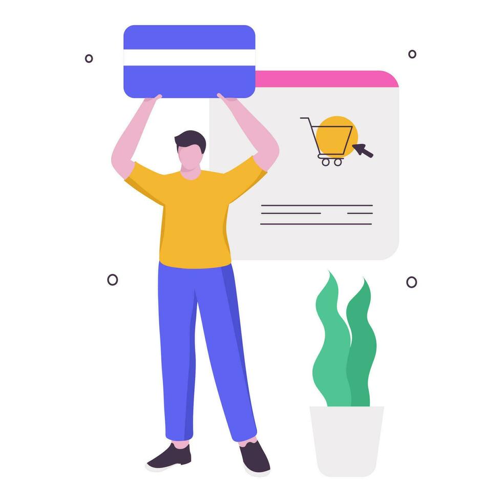 Online Shopping And Payment Concept With Faceless Man Standing And Plant Pot On White Background. vector