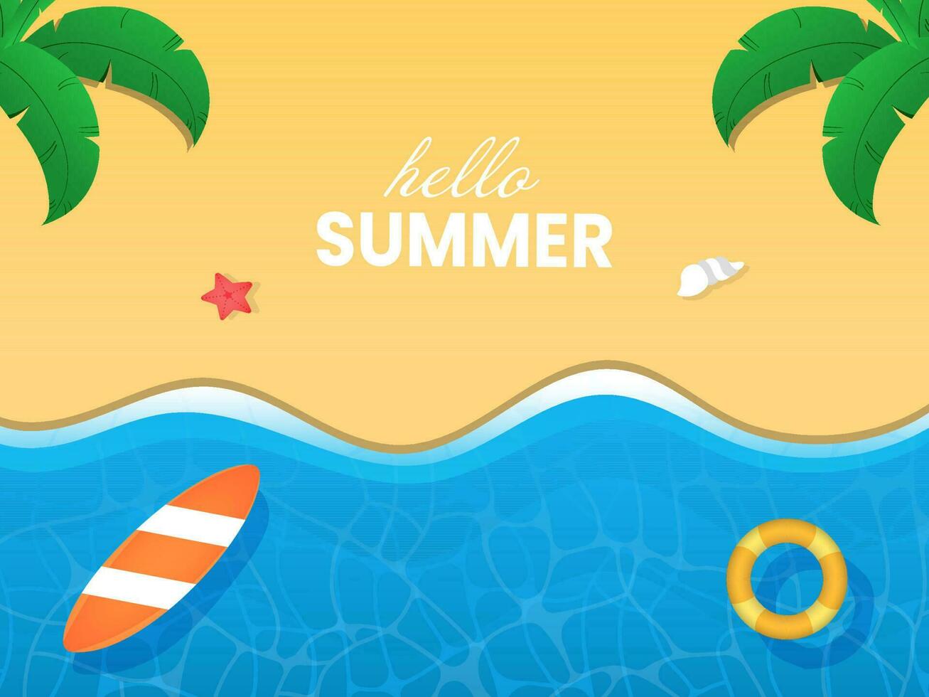 Hello Summer Lettering On Beach View Background. vector