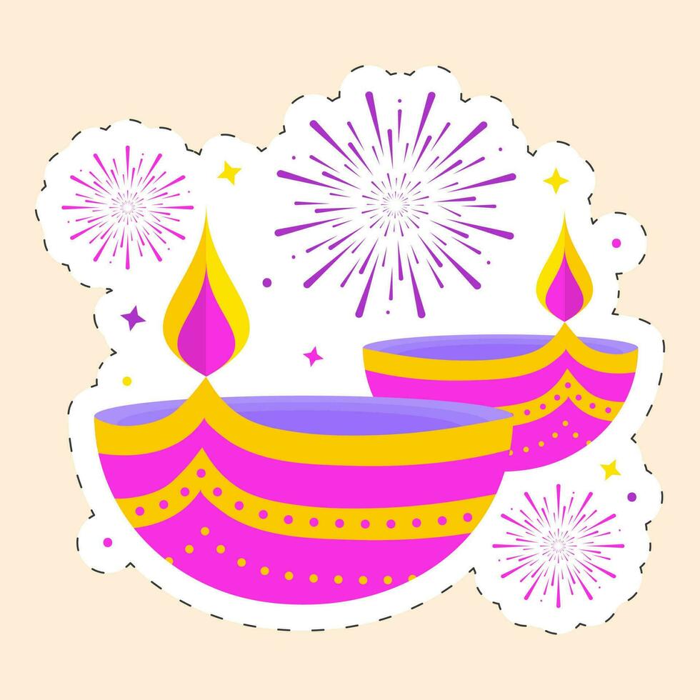 Pink And Yellow Burning Oil Lamp With Fireworks Background In Sticker Style. vector