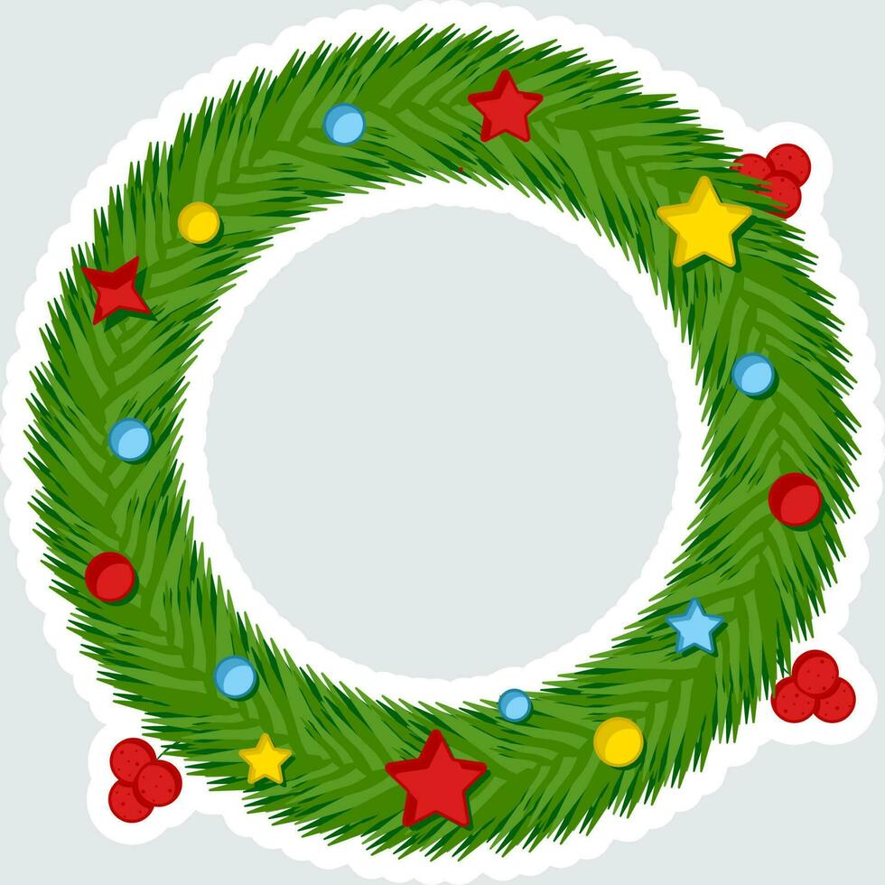 Sticker Style Colorful Decorated Christmas Wreath Icon In Flat Style. vector