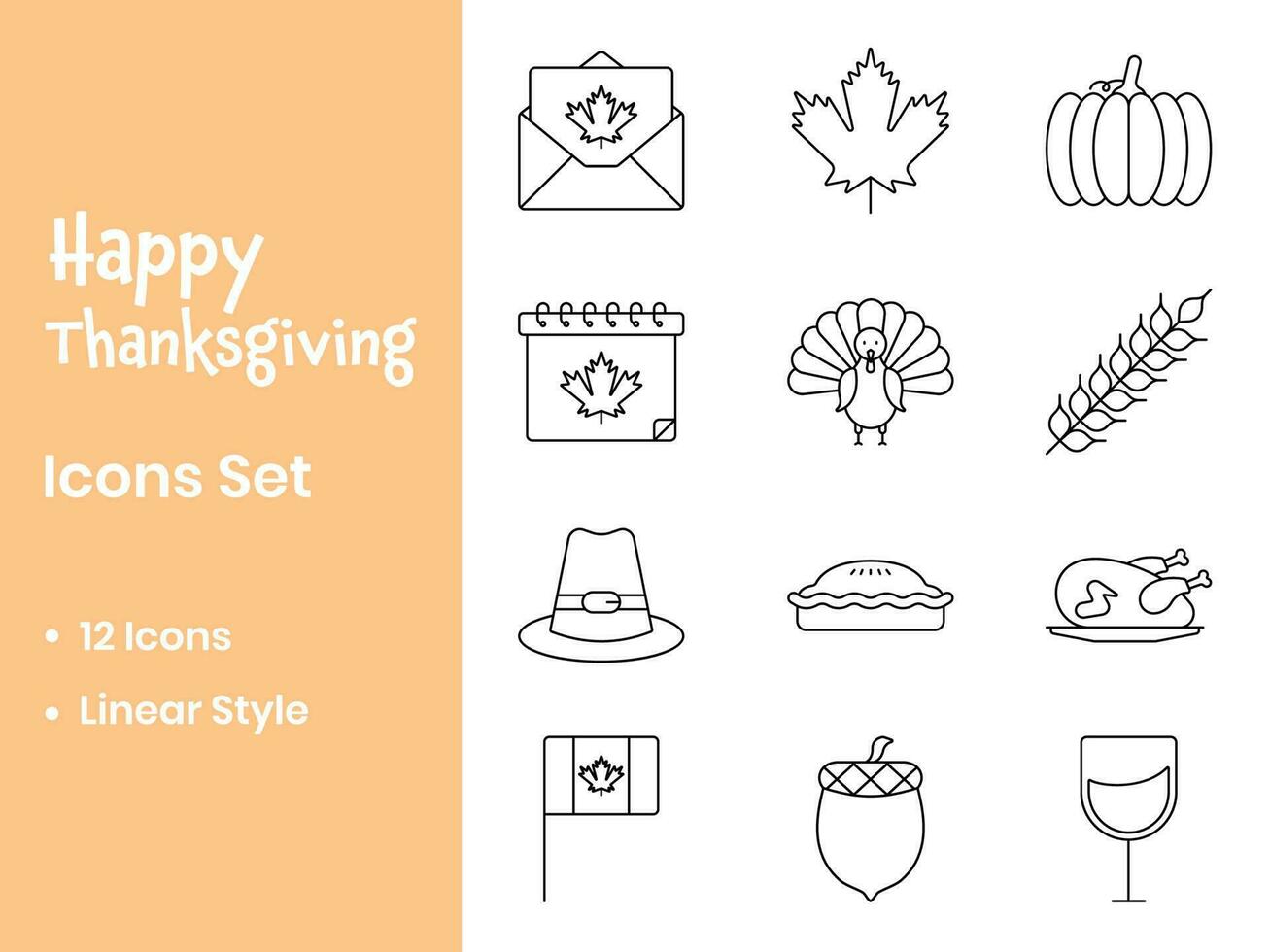 12 Thanksgiving Icons Set In Black Linear Style On White Background. vector