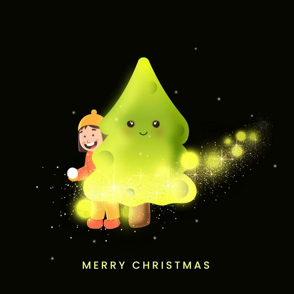 Merry Christmas Concept With Cheerful Girl And Lights Effect Xmas Tree On Black Background. vector
