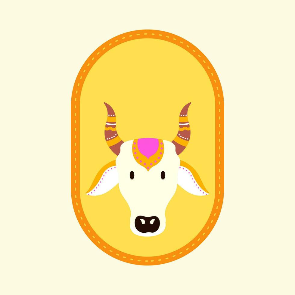 Indian Animal Character Of Cow Or Ox Face And Blank Oval Frame On Comic Latte Background. vector