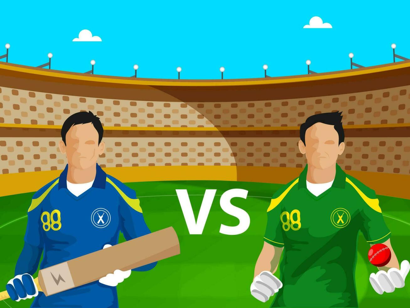 Faceless Batsman And Bowler Player Of Participating Countries Team Against Cricket Stadium Background. vector