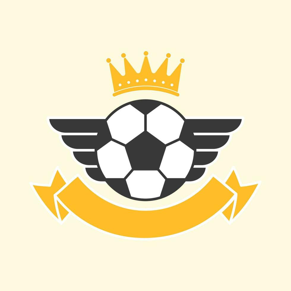 Black And White Soccer Wings And Golden Crown Against Yellow Background With Blank Ribbon. vector