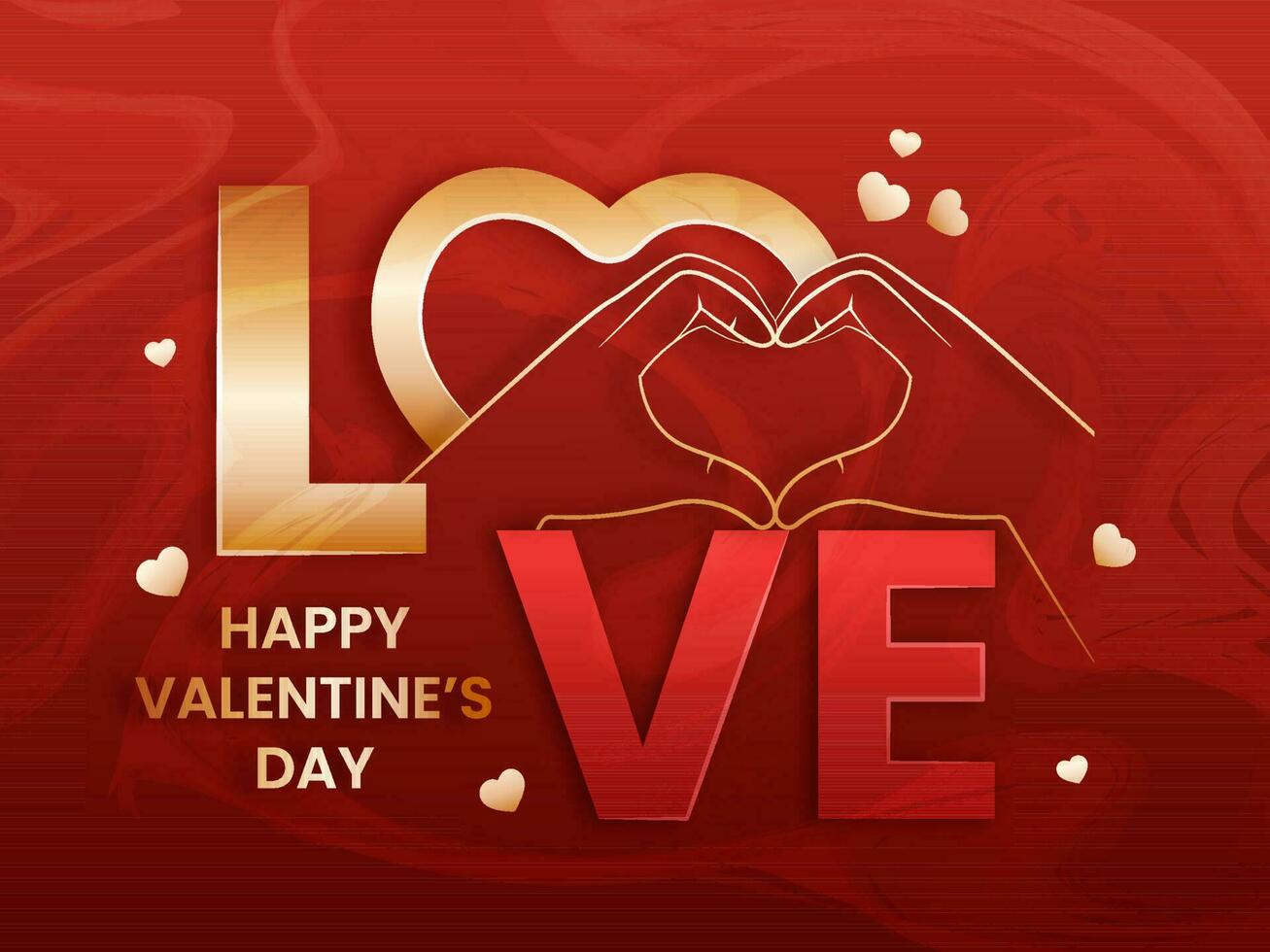 Creative LOVE Text With Golden Human Hands Making A Heart On Red Acrylic Liquid Background For Happy Valentine's Day Concept. vector