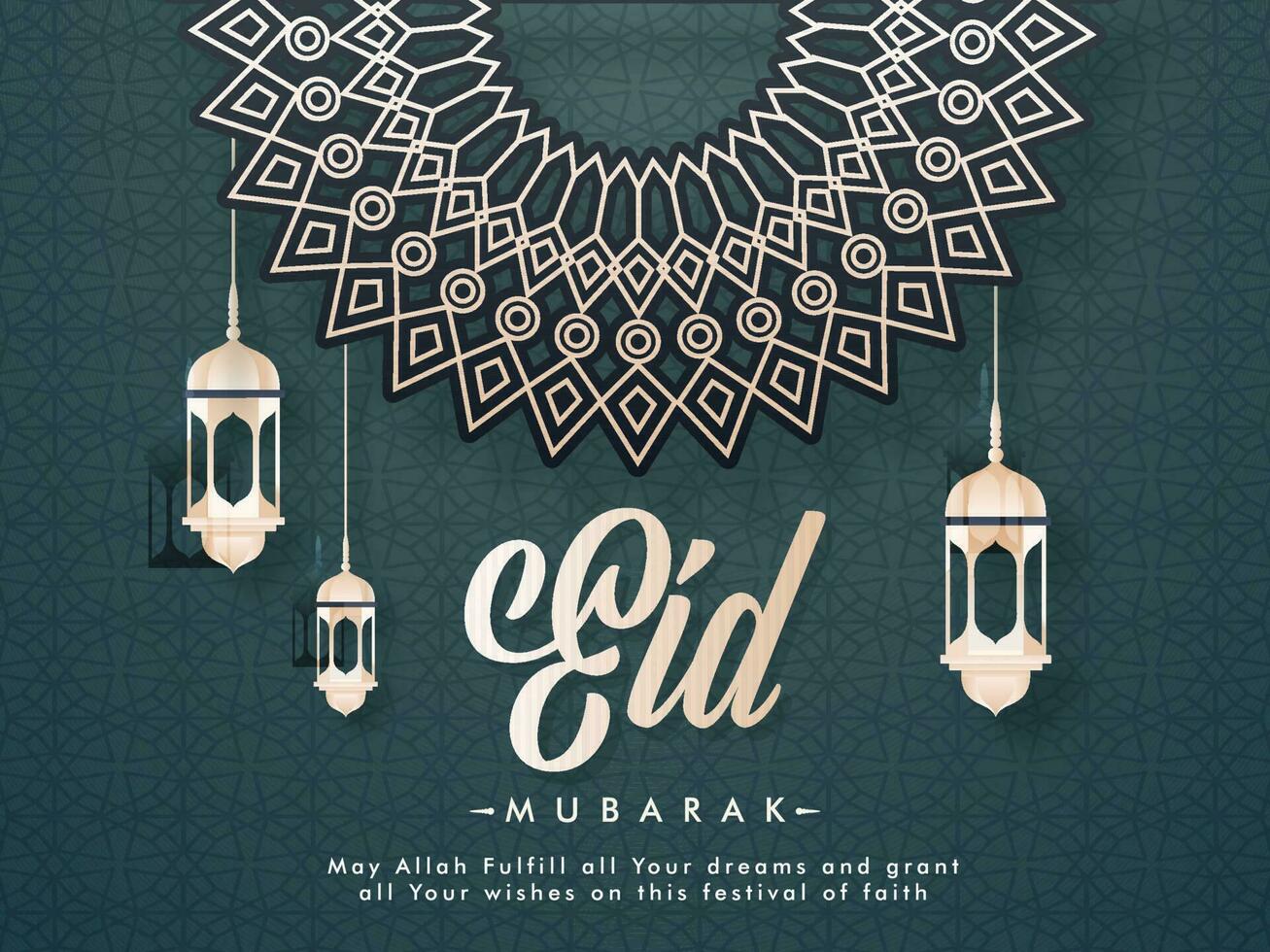 Beautiful mandal patterns, hanging golden lanterns and text Eid Mubarak on green background. vector