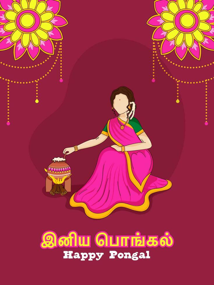 Tamil Lettering Of Happy Pongal With Faceless South Indian Woman Stirring Rice In Mud Pot Over Firewood And Mandala On Claret Background. vector