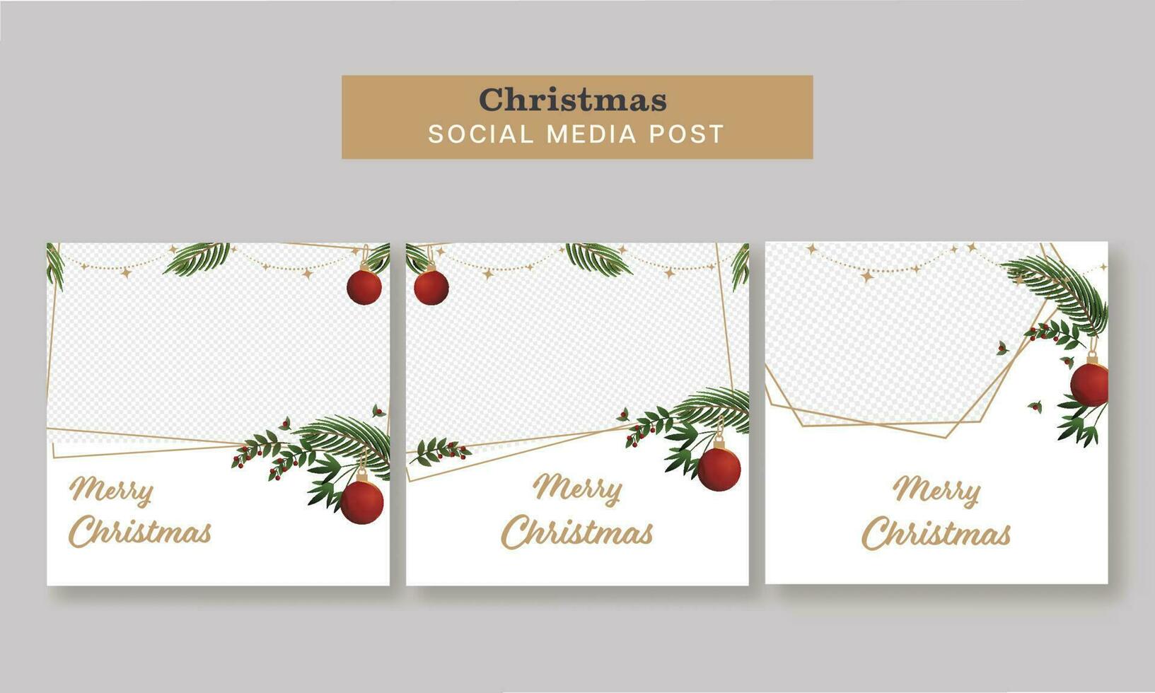 Merry Christmas Social Media Post Or Template Set With Baubles Hang, Fir Leaves, Berry Stem And Copy Space On White Background. vector