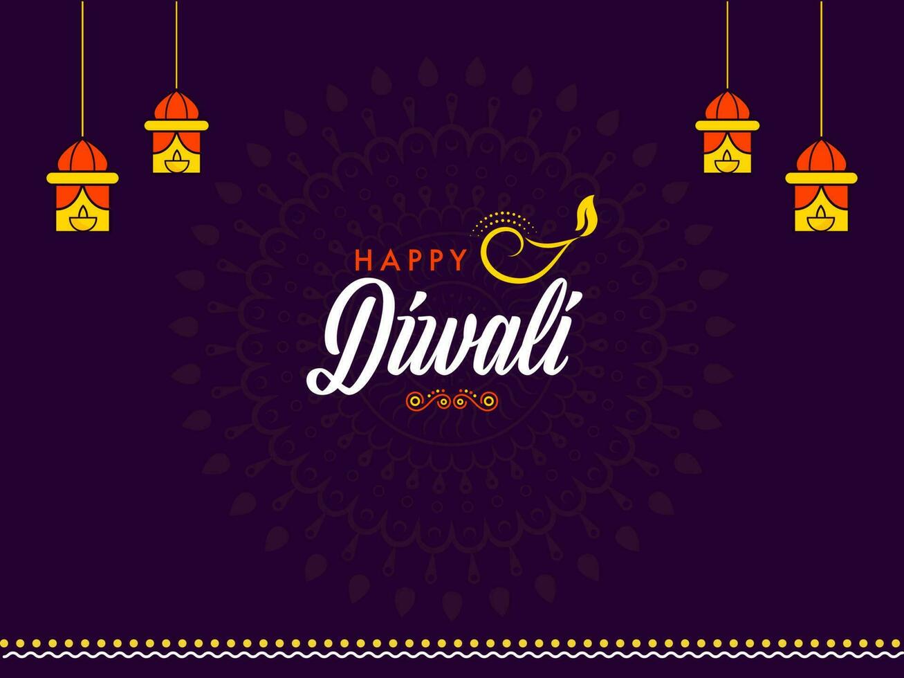 Happy Diwali Lettering With Lit Oil Lamp And Hanging Lamps On Purple Exquisite Mandala Pattern Background. vector