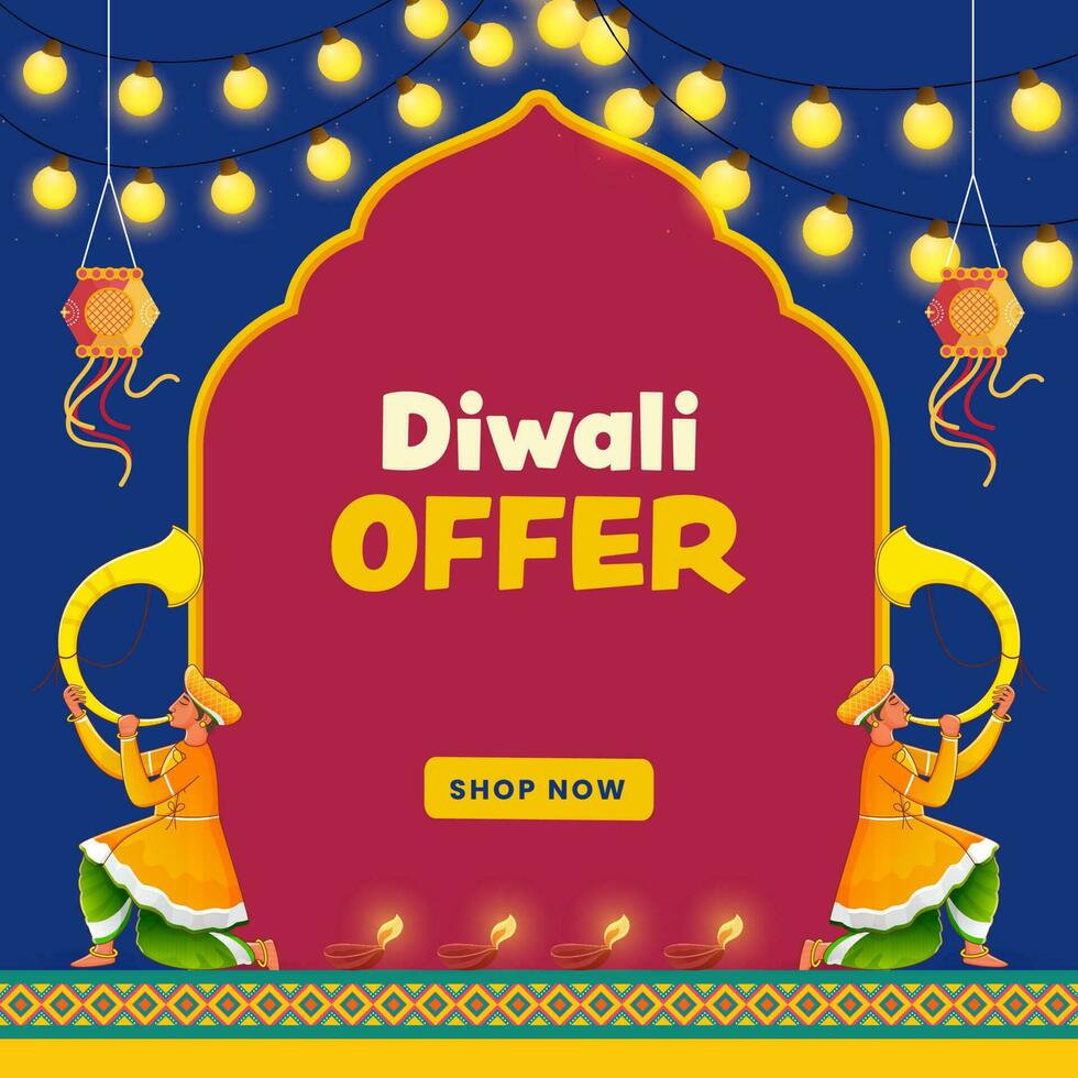 diwali rebaja póster diseño con Tutari jugador hombres en tradicional atuendo, tradicional linternas en rojo y azul antecedentes. vector