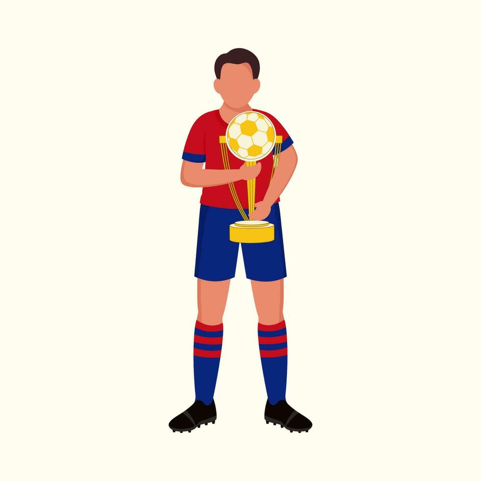 Faceless Soccer Player Holding Trophy Cup In Standing Pose On Cosmic Latte Background. vector