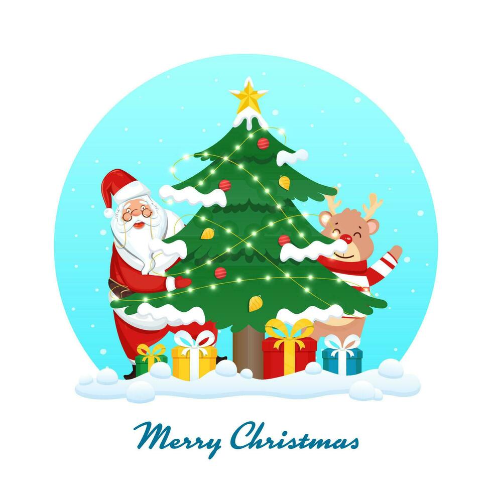 alegre Navidad saludo tarjeta con linda Papa Noel claus participación decorativo Navidad árbol, dibujos animados reno, regalo cajas en cian y blanco antecedentes. vector