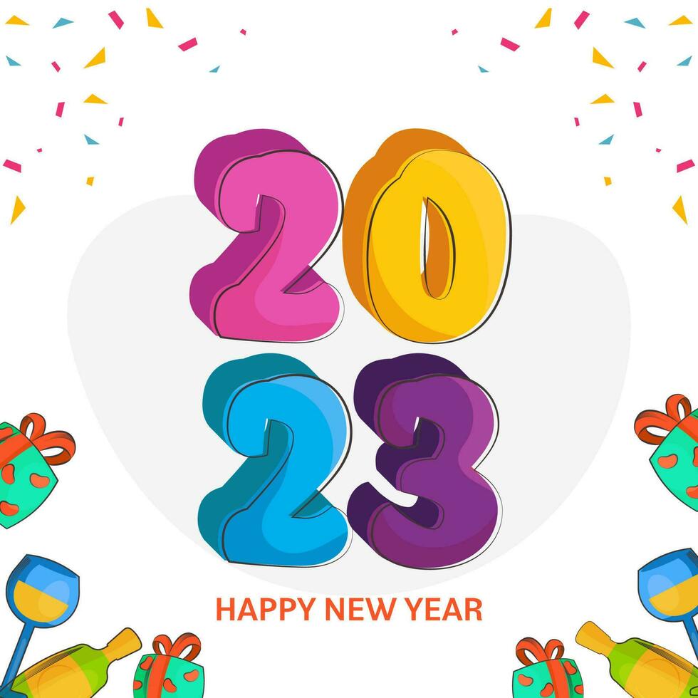 Colorful 3D 2023 Number With Gift Boxes, Champagne Bottle, Drink Glass And Confetti Decorated On White Background For Happy New Year Concept. vector