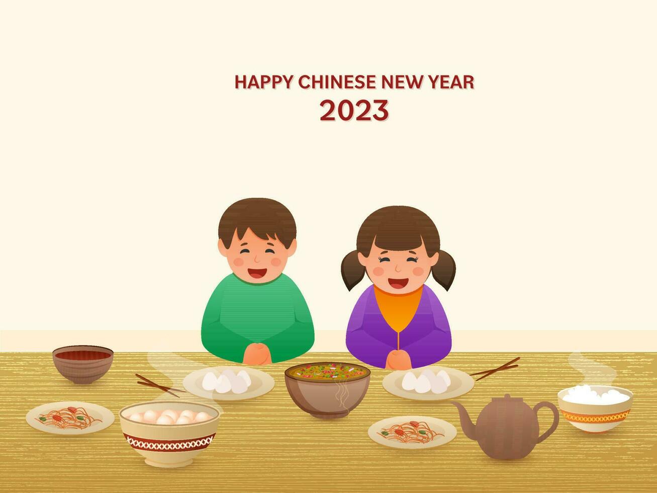 alegre chino sentado en frente de delicioso comidas en el ocasión de contento chino nuevo año 2023. vector