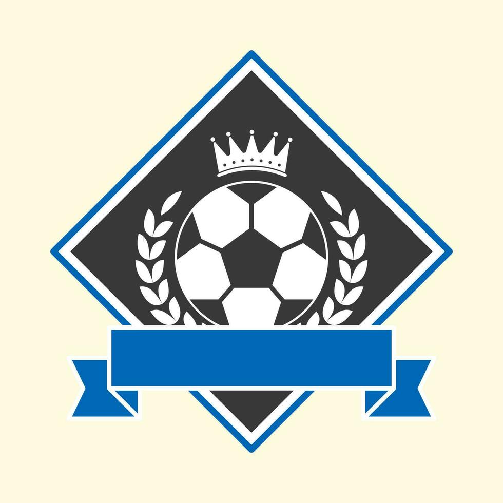 Blank BLue Ribbon With Soccer Ball, laurel Leaves, Crown And Rhombus Frame On Cosmic Latte Background. vector