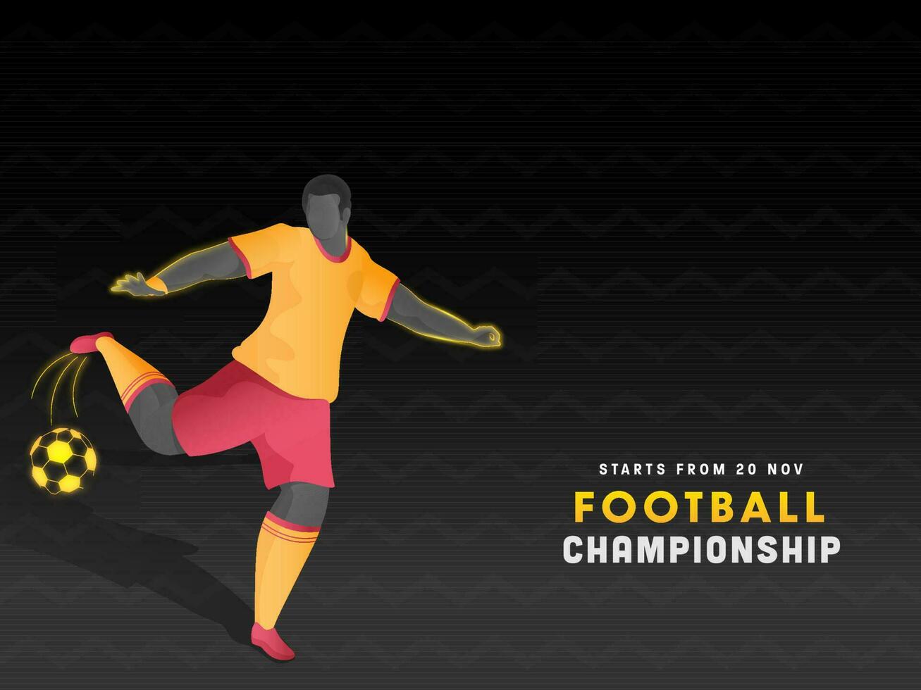 Football Championship Concept With Faceless Male Player Kicking The Ball On Black Zigzag Lines Background. vector