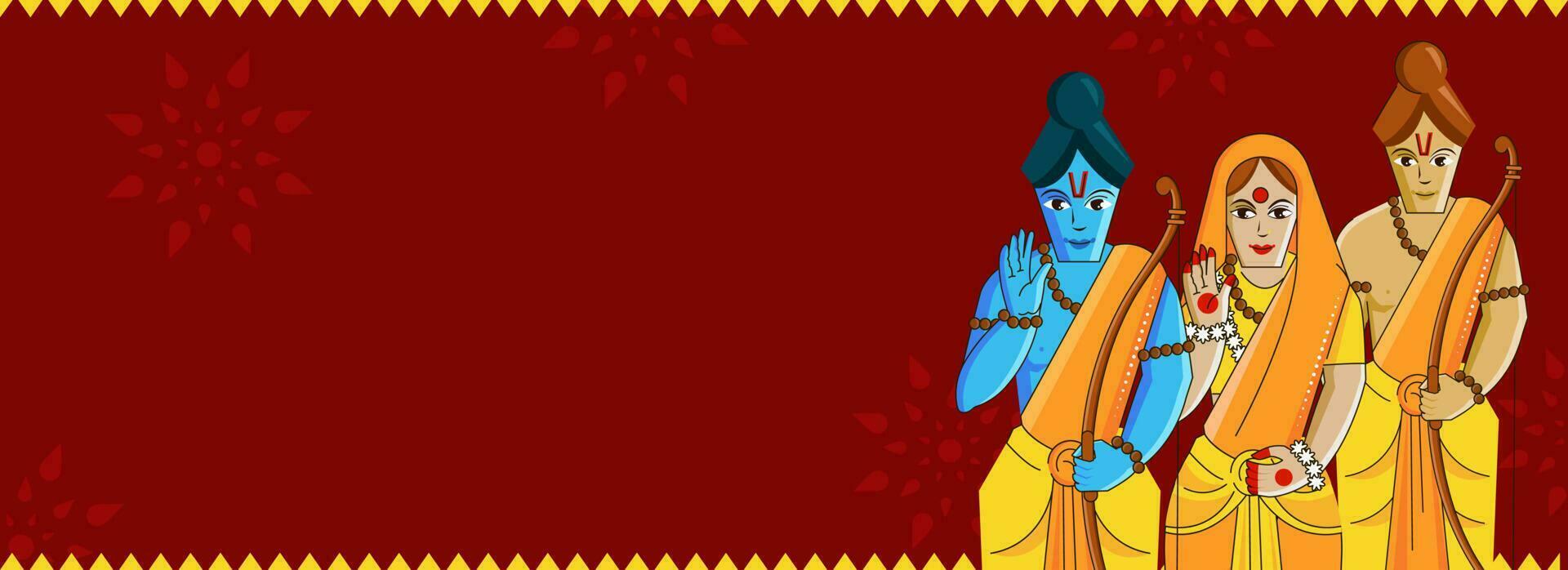 Hindu Mythology Lord Rama With His Wife, Brother Lakshman Character And Copy Space On Red Background. vector