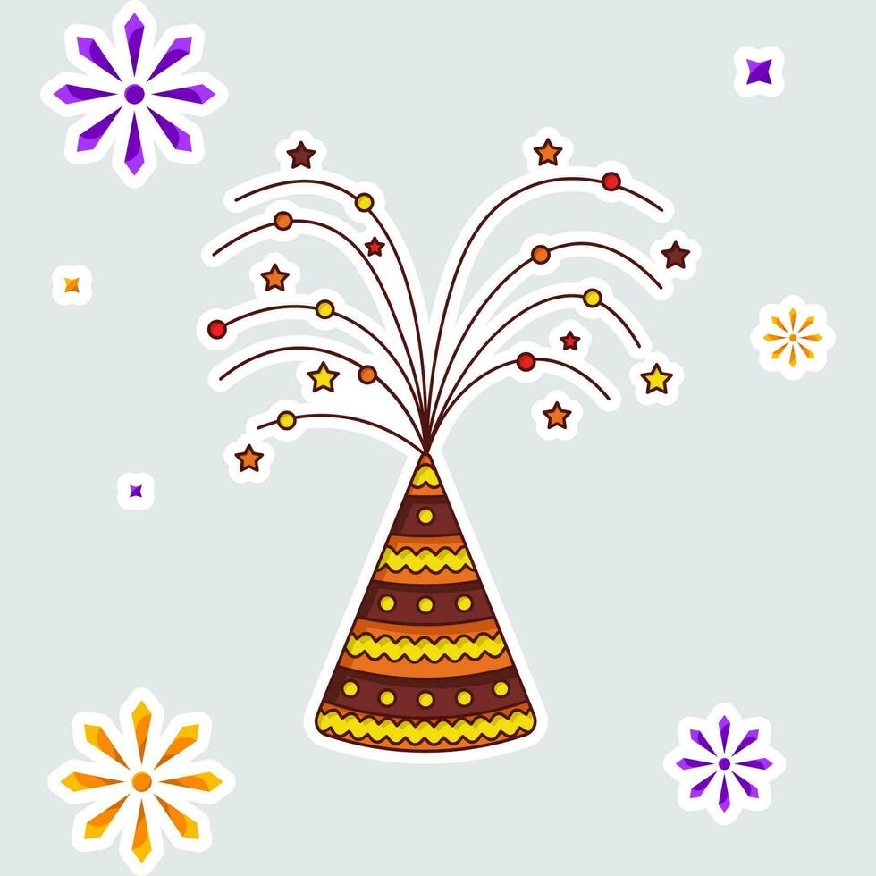 Bursting Firecracker Anar Over Fireworks Grey Background In Sticker Style. vector