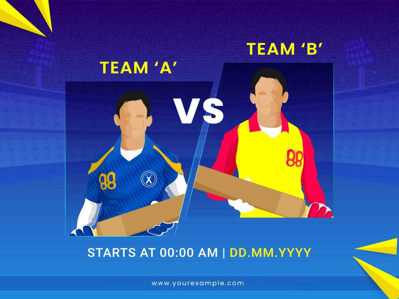 T20 Cricket Match Between Team A VS B With Batter Players On Blue Stadium Background. vector