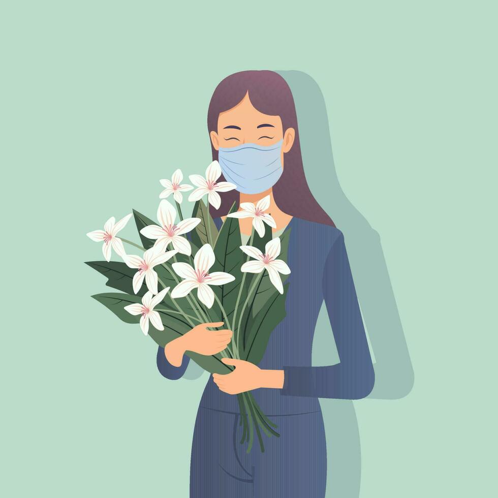 Vector illustration of Mask Wearing Modern Woman Holding Flower Bouquet.