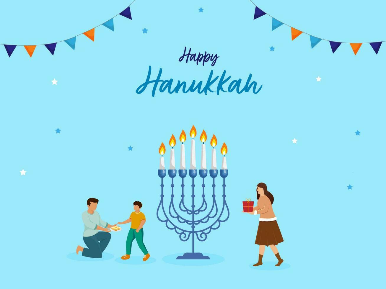 Faceless People Celebrate Hanukkah Festival With Illuminated Menorah Or Candelabrum And Bunting Flags On Blue Background. vector