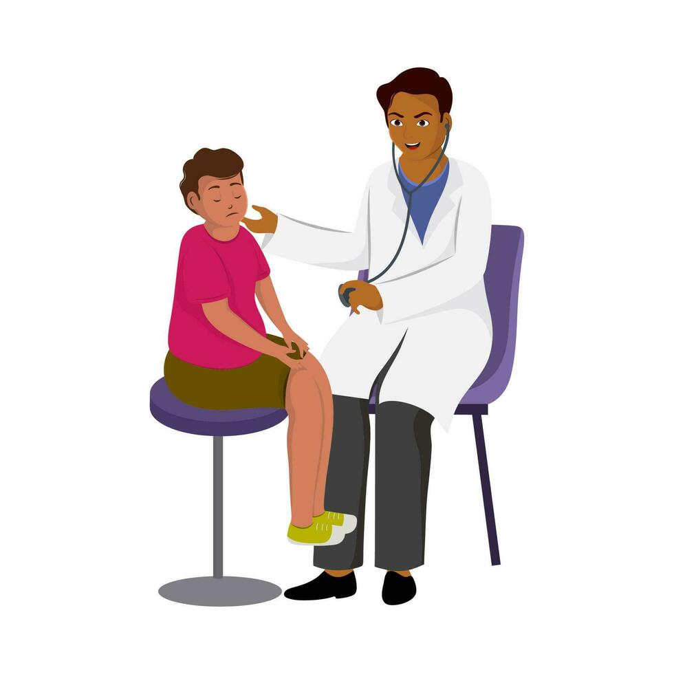 Male Doctor Examining A Sick Boy Sitting On Stool Against White Background. vector