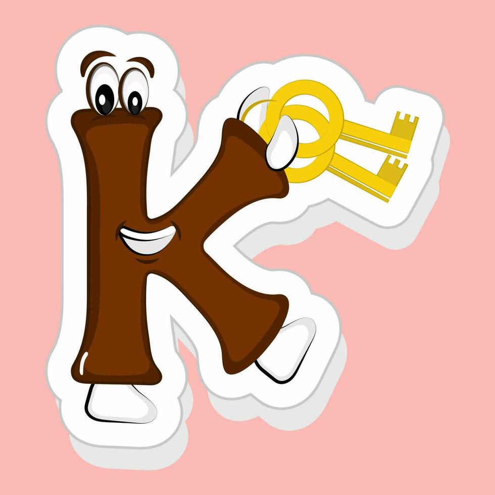 Sticker Style Brown K Alphabet Cartoon Character Holding Keys On Pink Background. vector