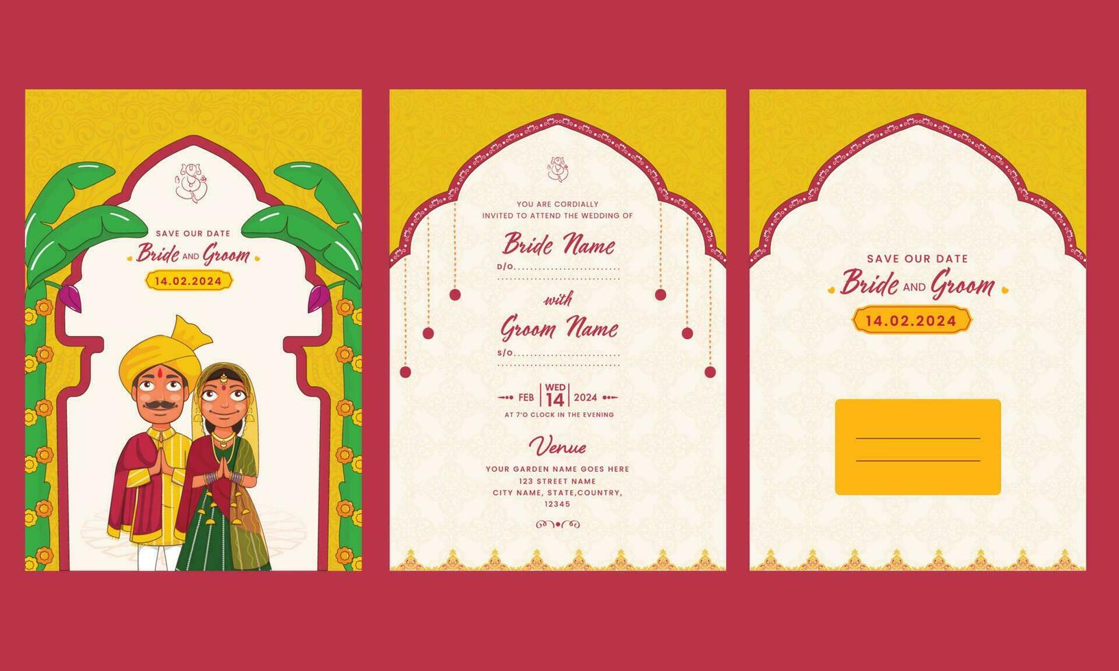 Boda invitación tarjeta plantillas con indio Pareja saludo namasté, sobre ilustración en blanco y amarillo color. vector