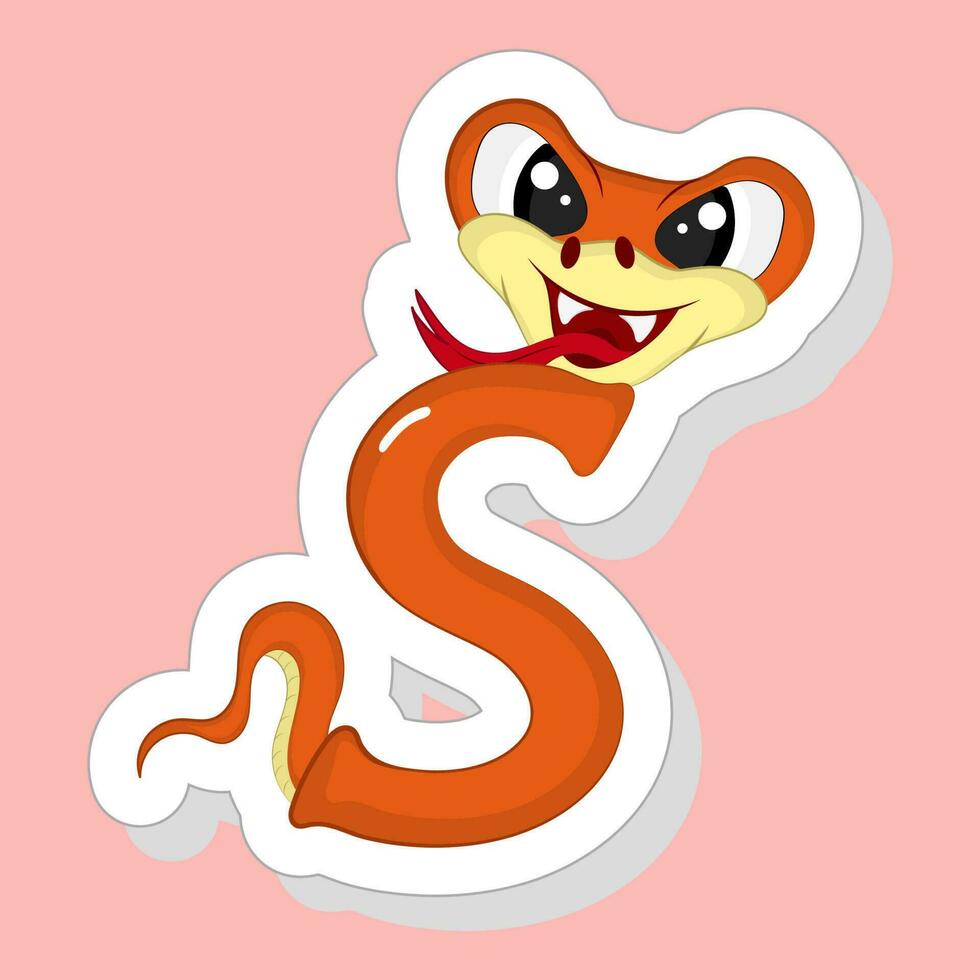 Sticker Style Orange S Alphabet  Animal Cartoon Snake On Pink Background. vector