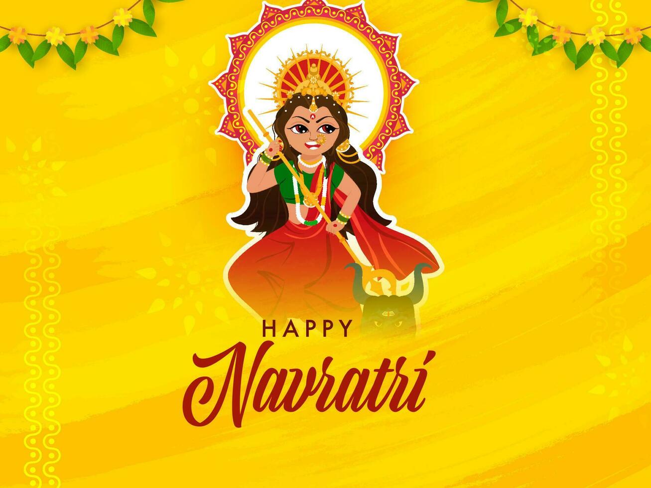 contento navratri celebracion póster diseño con pegatina estilo diosa Durga maa asesinato mahishasura demonio en amarillo antecedentes. vector