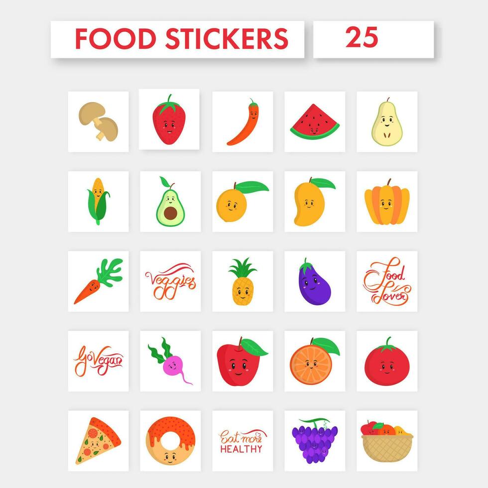 Food Sticker Set Of Funny Cartoon Vegetable With Fruit And Given message Over Sqaure Background. vector