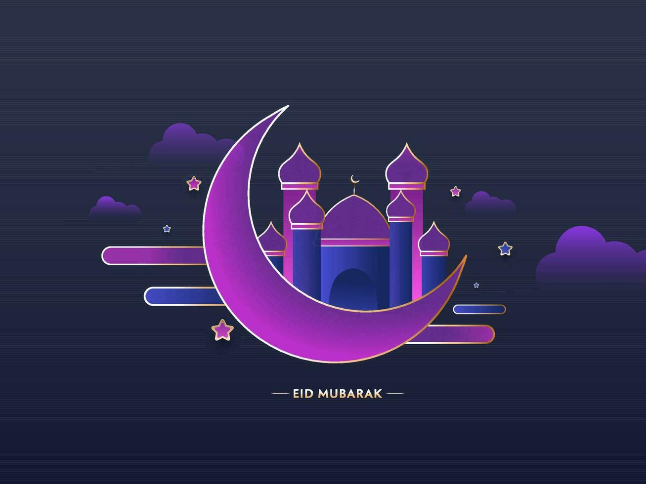 Glowing crescent moon and mosque on purple and blue background. Islamic festival Eid Mubarak concept. vector