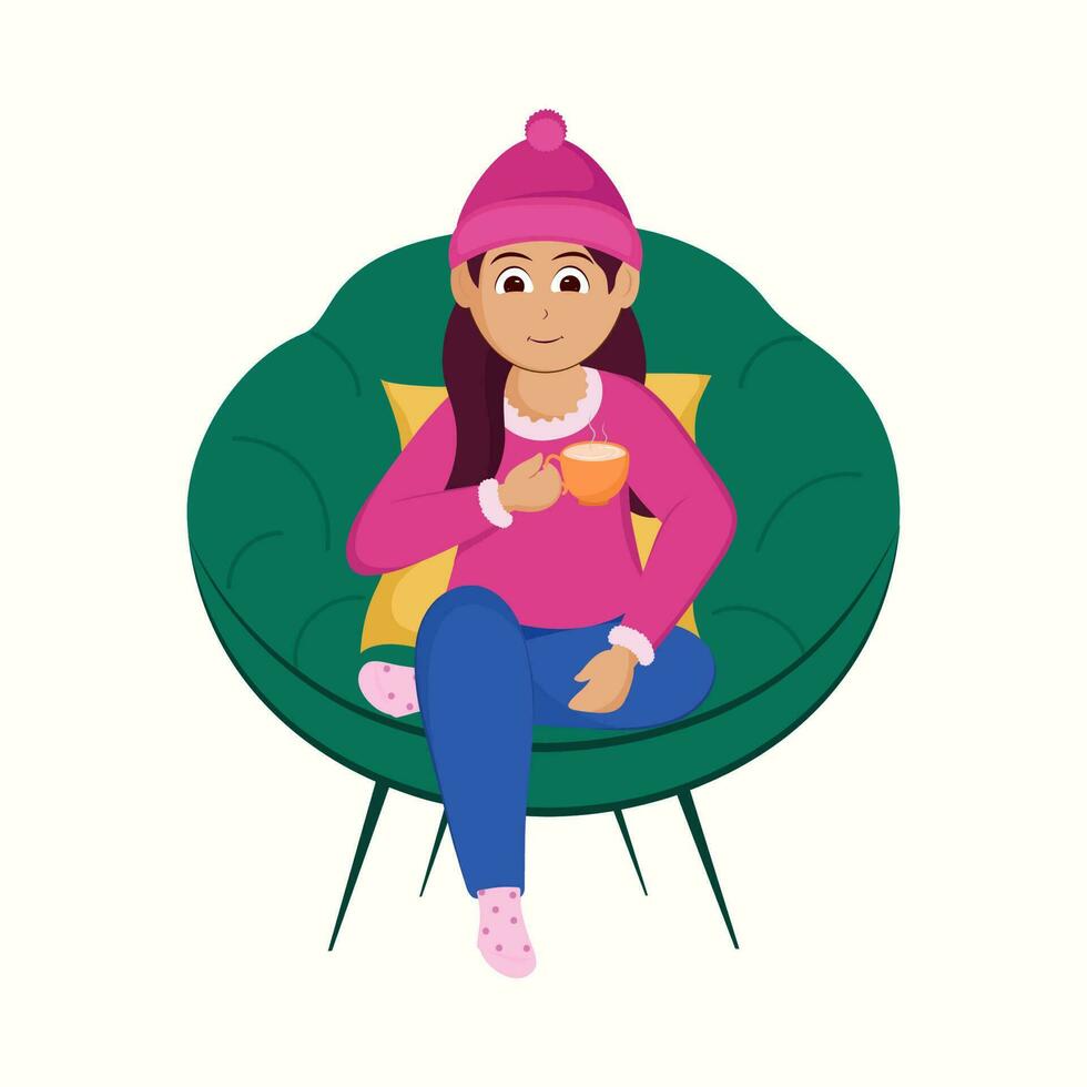 Cartoon Young Girl Drinking Tea Or Coffee In Woolen Clothes At Sofa Illustration. vector