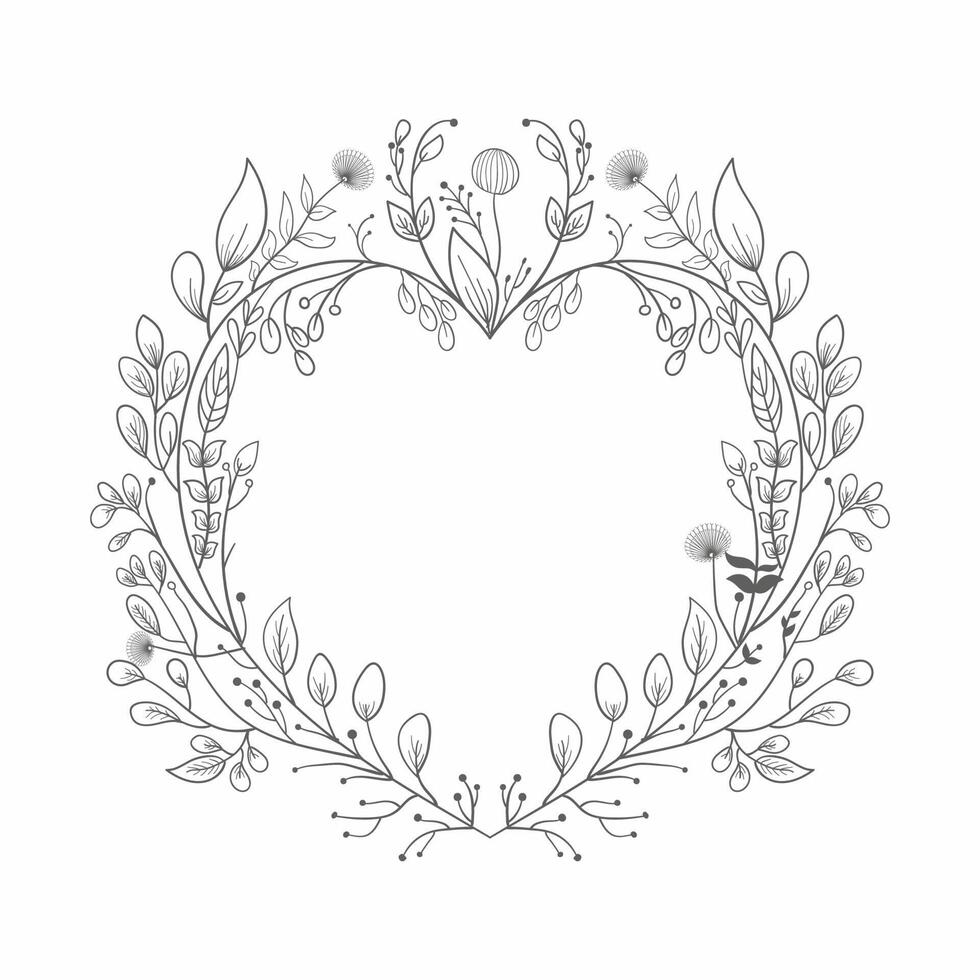 Hand Drawn Wreath or Floral Frame In Heart Shape. Illustration. vector