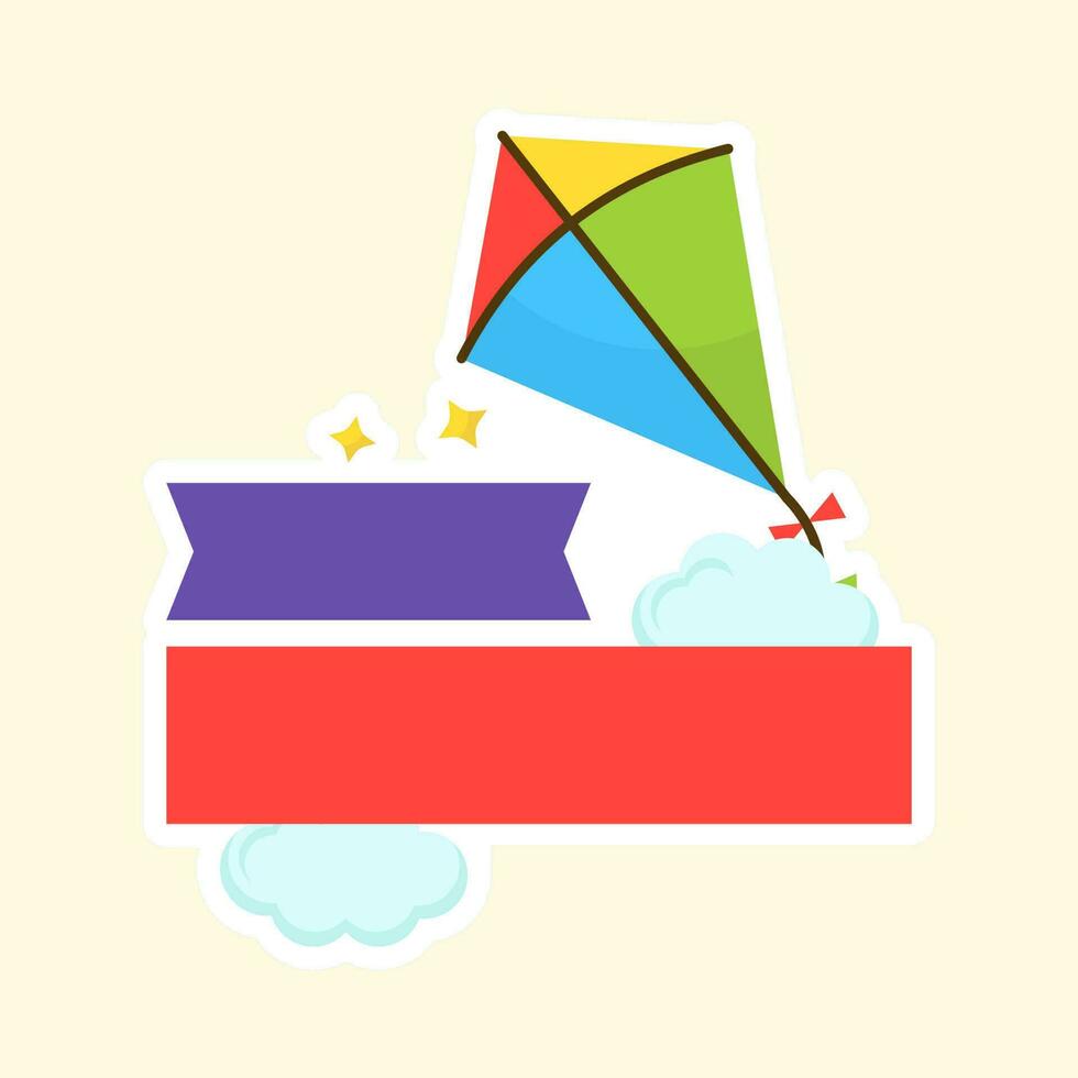 Blank Ribbons With Flying Colorful Kite And Clouds Against Yellow Background. vector