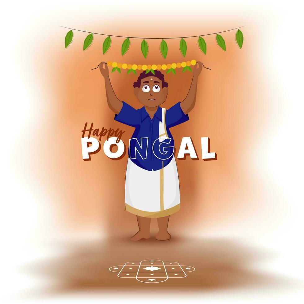 Happy Pongal Celebration Concept With South Indian Man Holding Toran On Kolam Blurred Background. vector