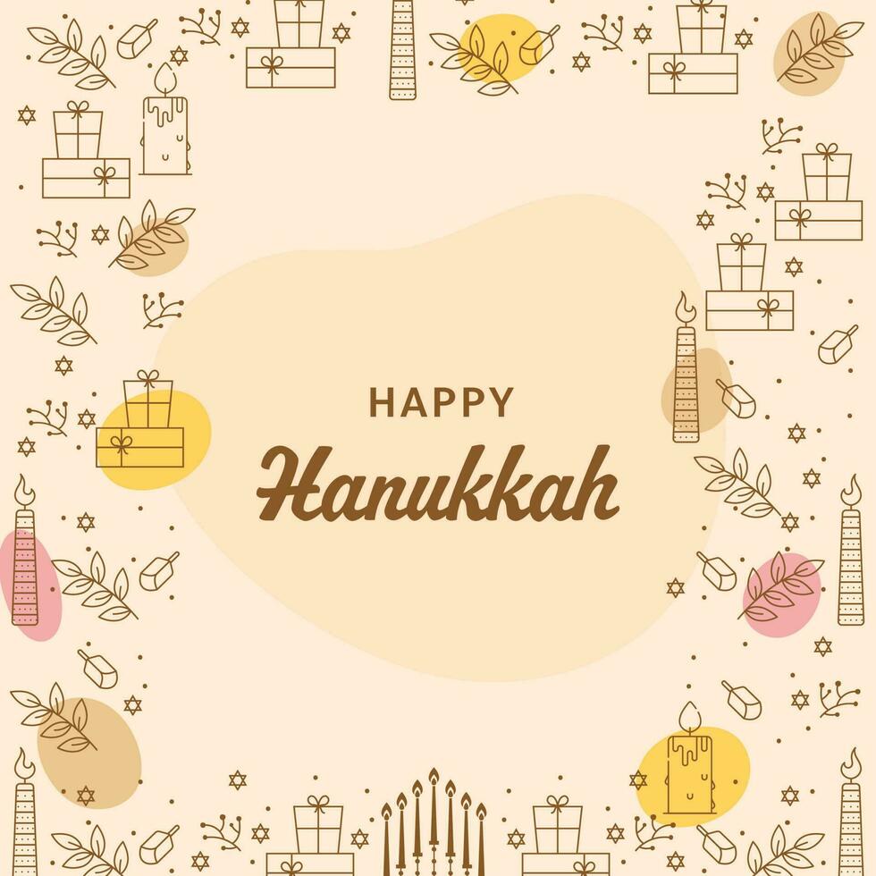 Happy Hanukkah Celebration Greeting Card With Doodle Festival Elements Decorated On Beige Background. vector