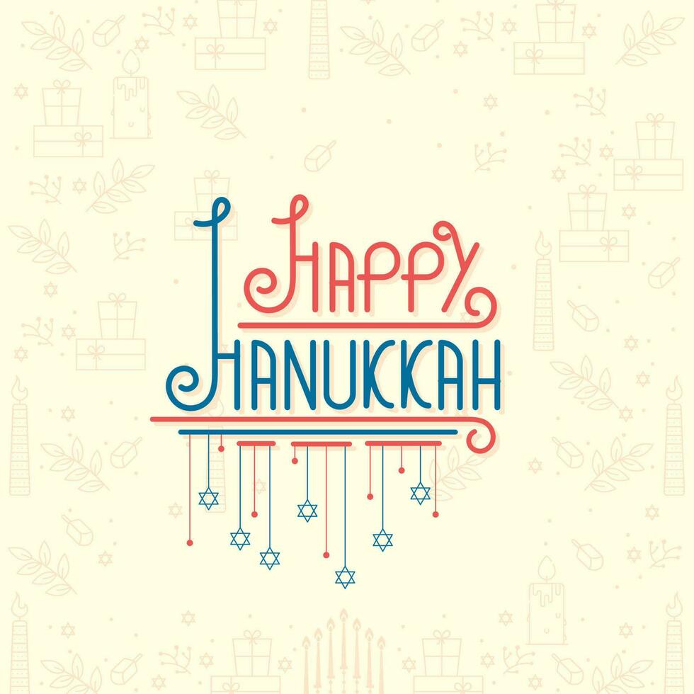 Happy Hanukkah Lettering With Hanging Stars Of David Against Beige Festival Icon Pattern Background. vector