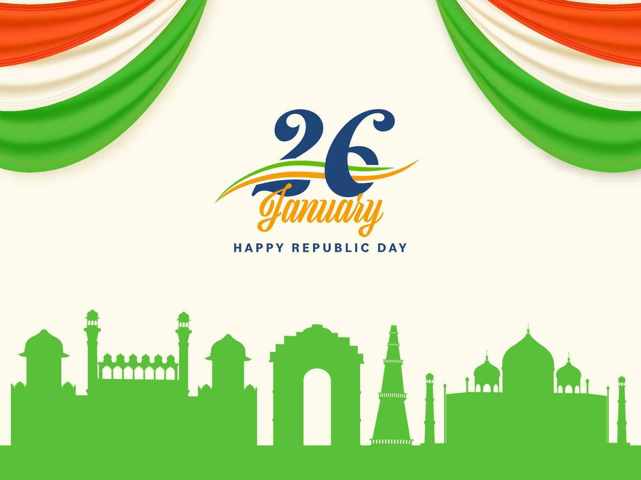 26th January, Republic Day Concept With Green Silhouette India Famous Monument And Tricolor Curtain Border Or Corner On White Background. vector