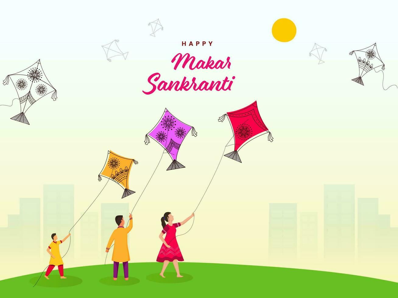 contento makar sankranti saludo tarjeta con indio niños volador cometas y Brillo Solar en contra antecedentes. vector