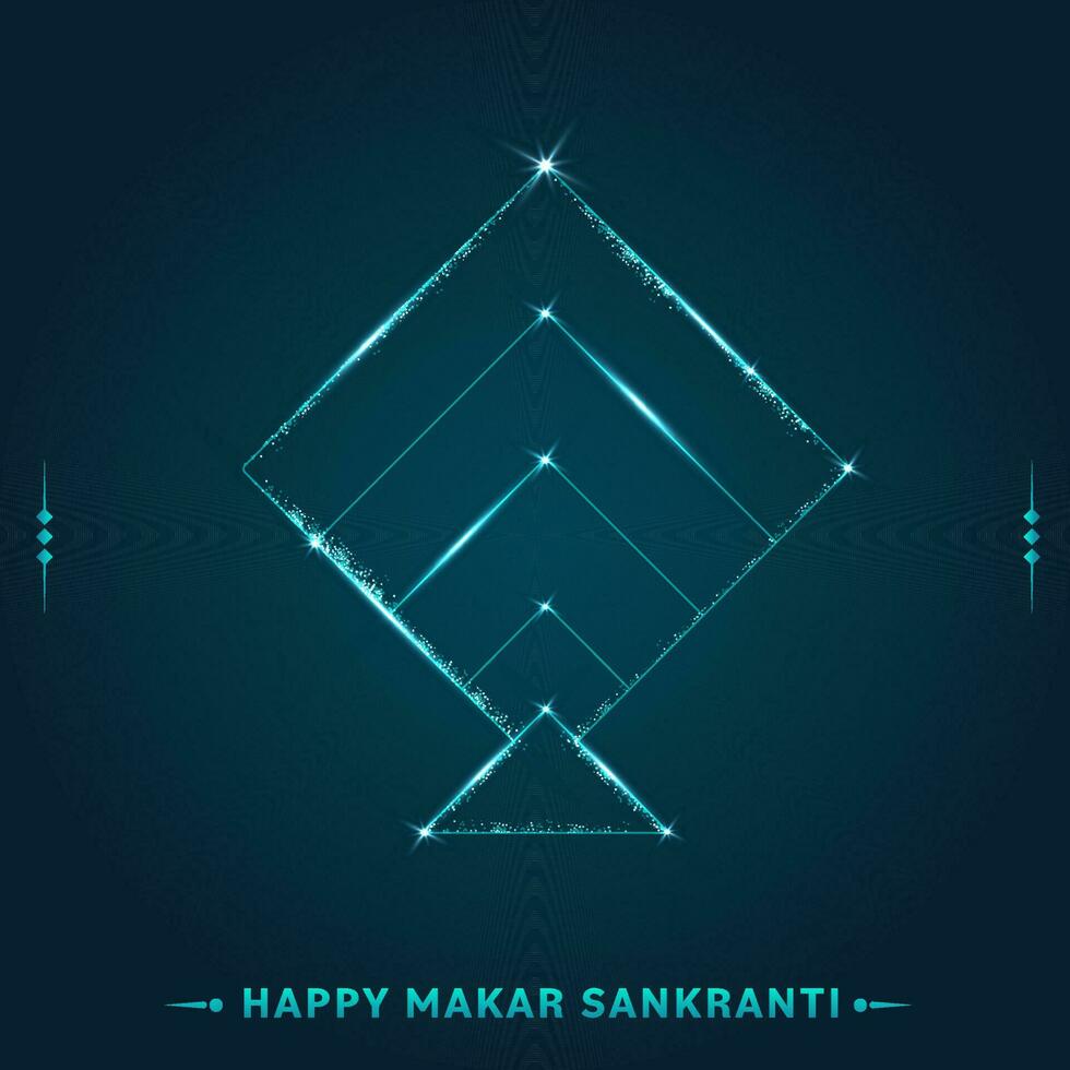 Happy Makar Sankranti Poster Design With Lighting Effect Kite Shape On Teal Blue Background. vector