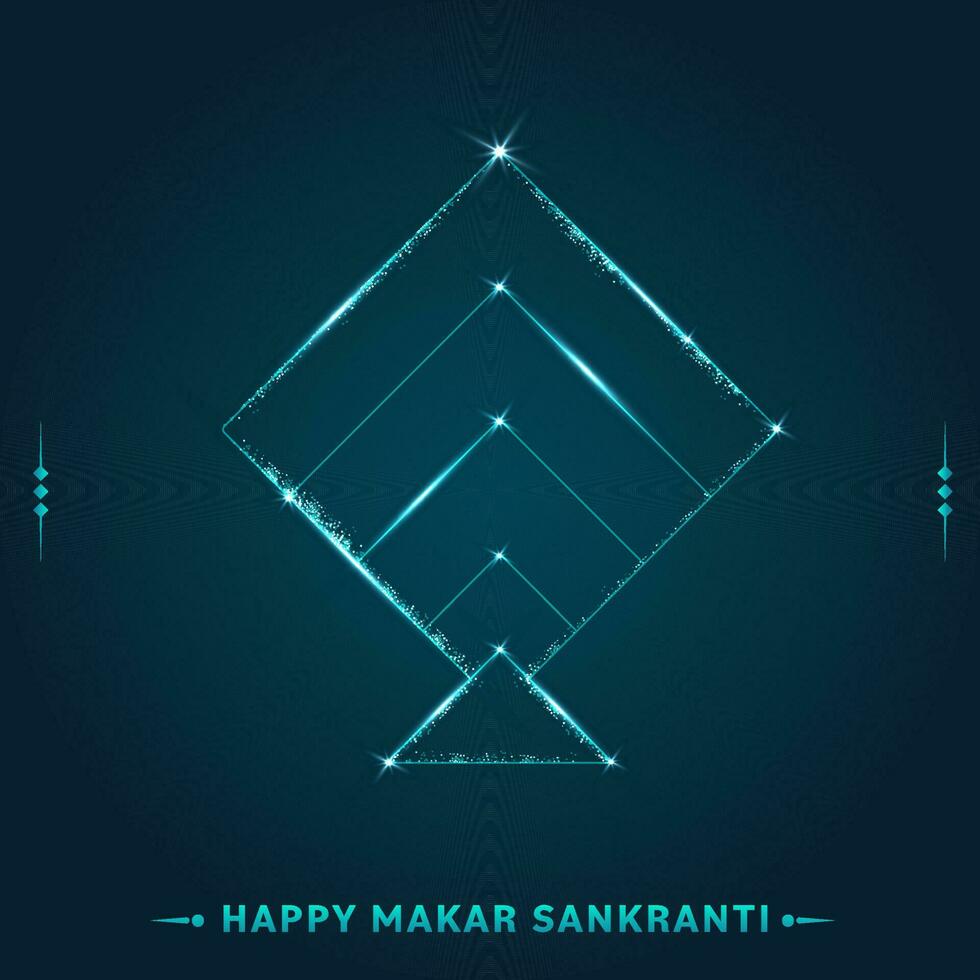 contento makar sankranti póster diseño con Encendiendo efecto cometa forma en verde azulado azul antecedentes. vector