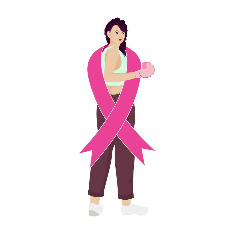 Young Female Boxer Wearing Pink Cross Ribbon On White Background. vector