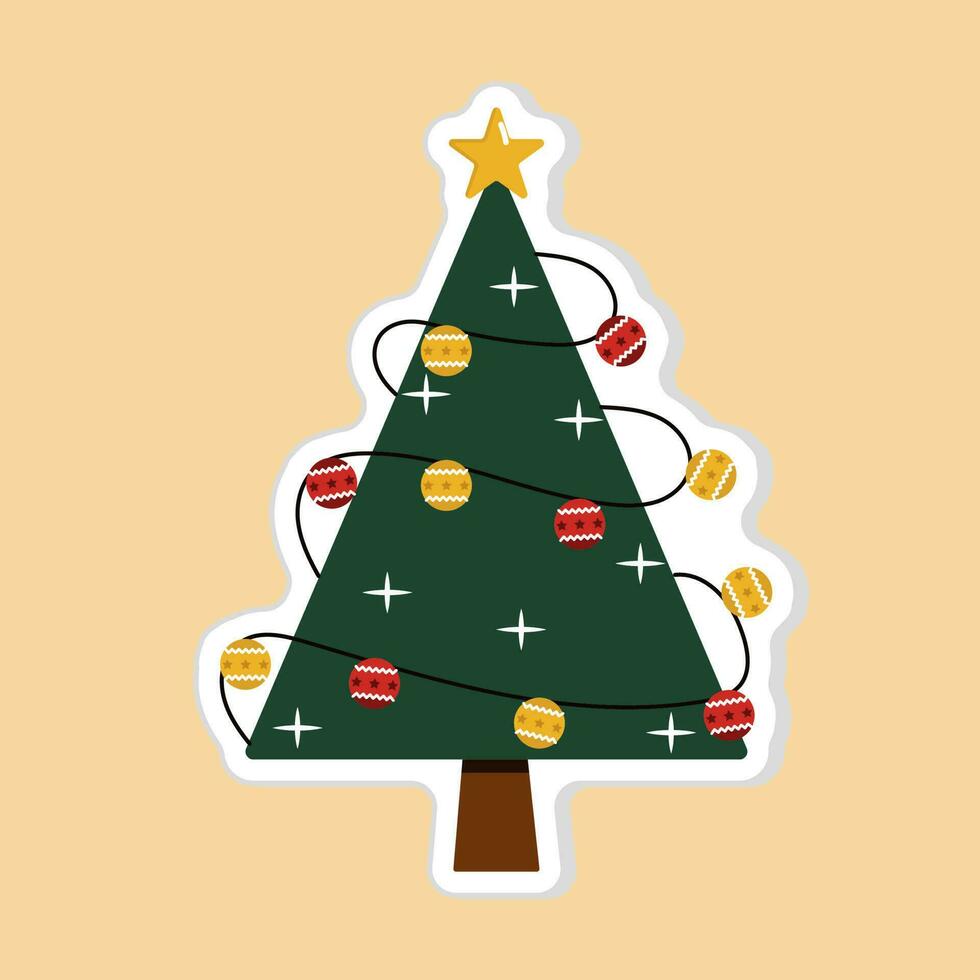 Decorated Christmas Tree Sticker Or Icon In Flat Style. vector