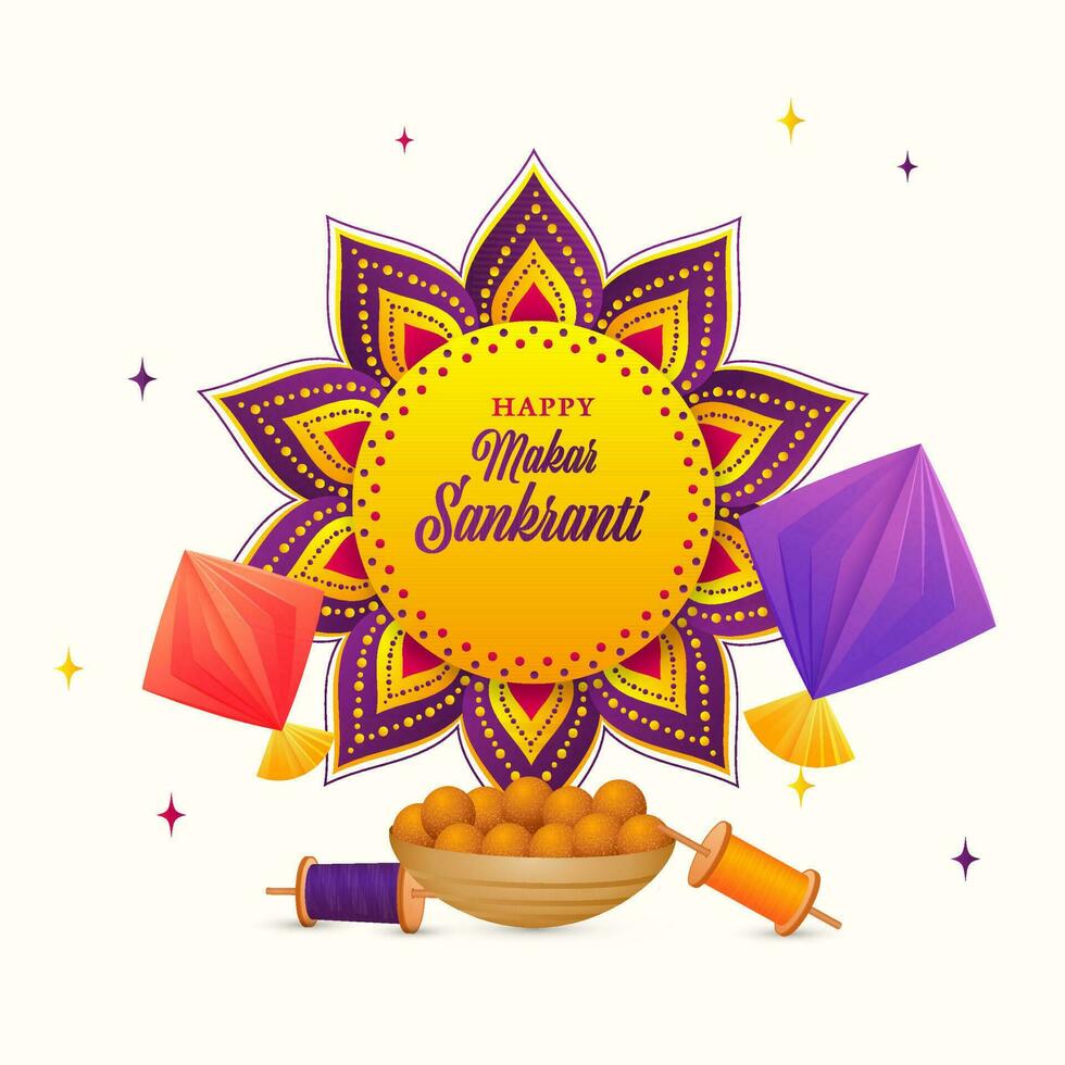 contento makar sankranti fuente terminado mandala o floral marco con indio dulces, origami papel cometas y cuerda carretes en blanco antecedentes. vector