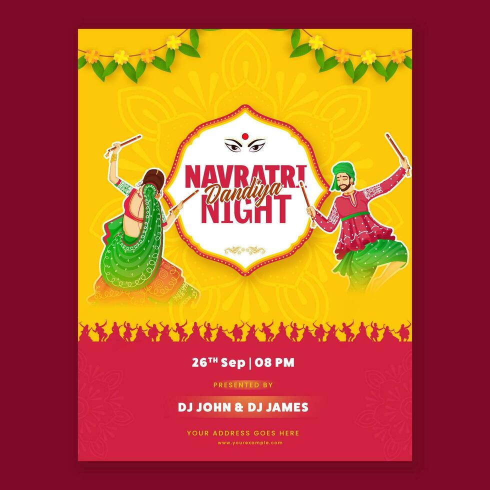 navratri dandiya noches fiesta invitación tarjeta con indio Pareja jugando dandiya en pegatina estilo y evento detalles. vector