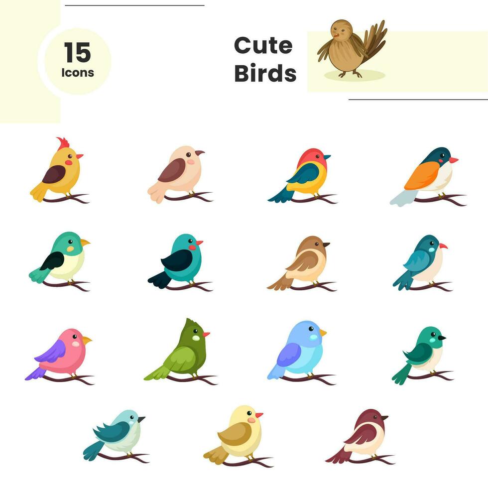 diverso tipos de aves sentado en rama icono en plano estilo. vector