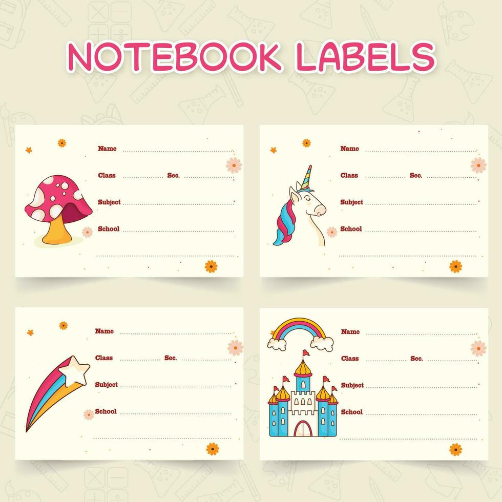 Set Of 04 Notebook Label Or Name Tag On Doodle School Elements Decorated Beige Background. vector